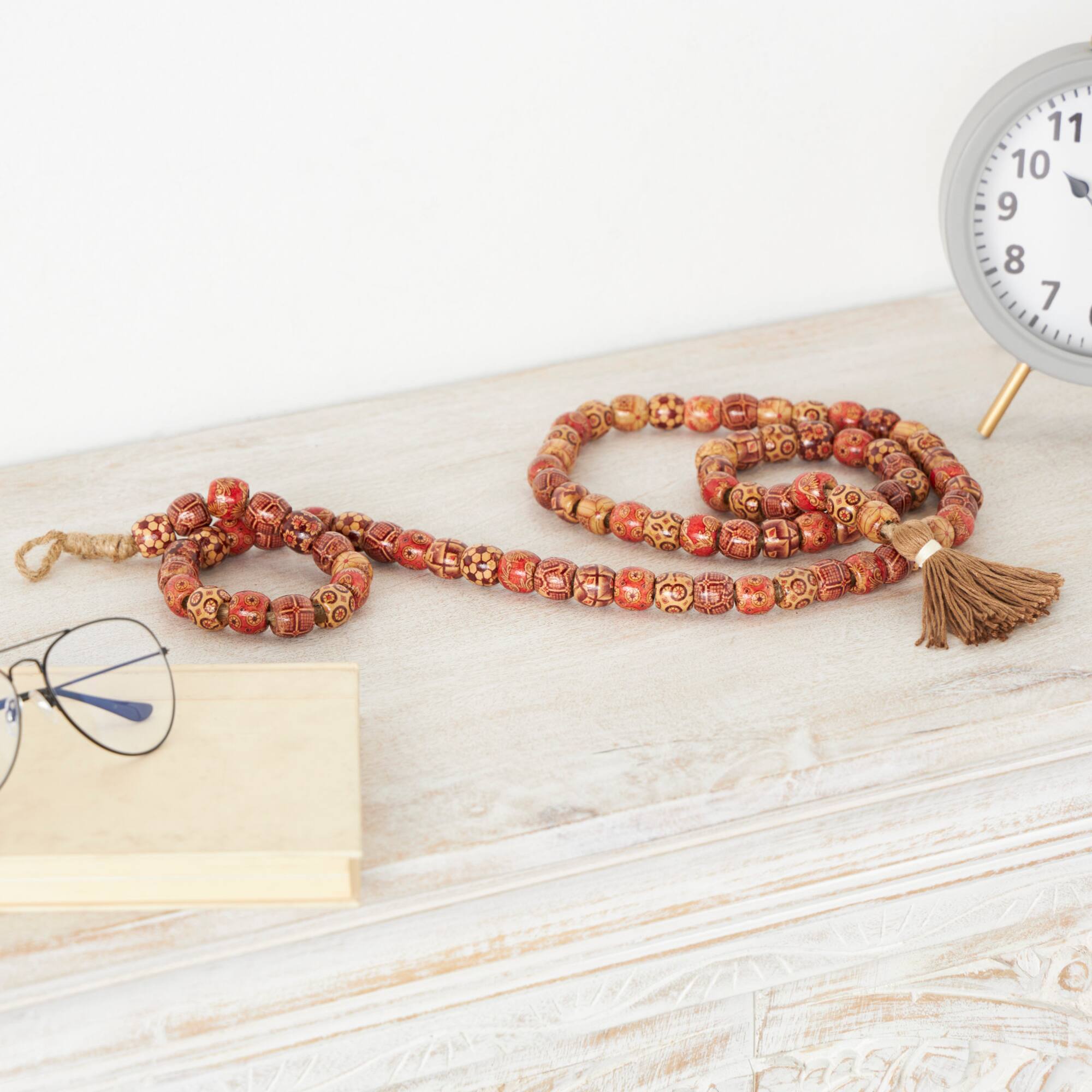 5ft. Red Wood Handmade Long Beaded Garland with Tassel with Bohemian Patterns